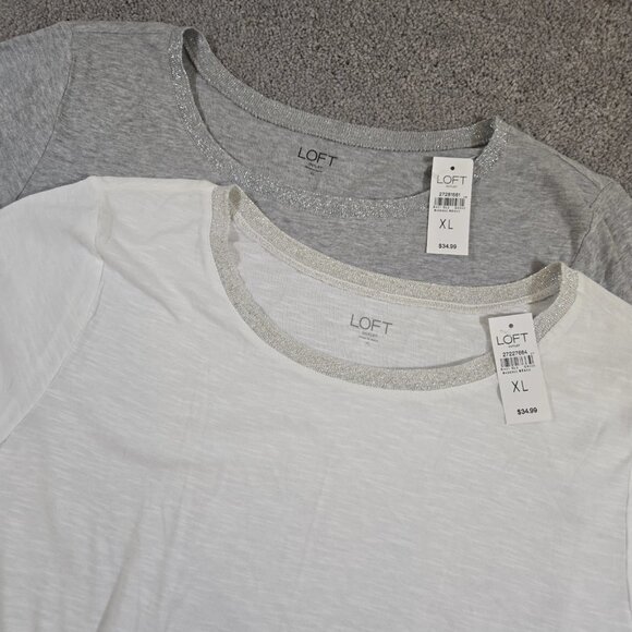 Lot Of 2 LOFT Women's Round-Neck Soft 100% Cotton Gray/White Shimmer Collar NWT - Picture 1 of 13